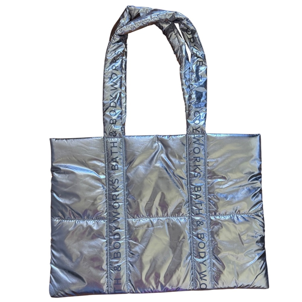 Bath & Body Works‎ Bling Shine Metallic Silver Puffer Tote Bag New